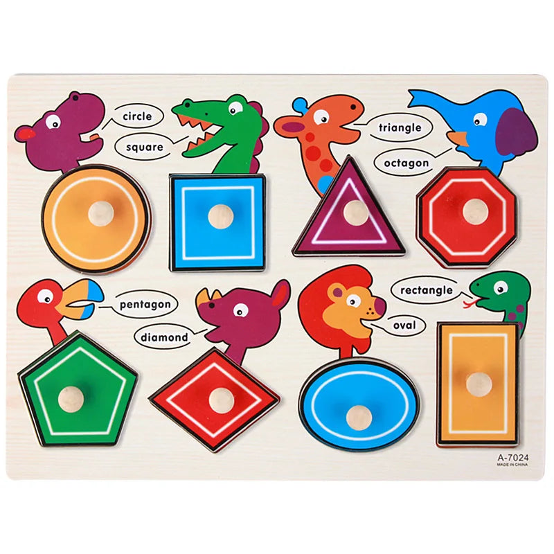 Montessori Wooden Puzzles Baby Educational Toys Hand Grab Boards Tangram Cartoon Animals Fruits 3D Puzzles for babies 2 3 years