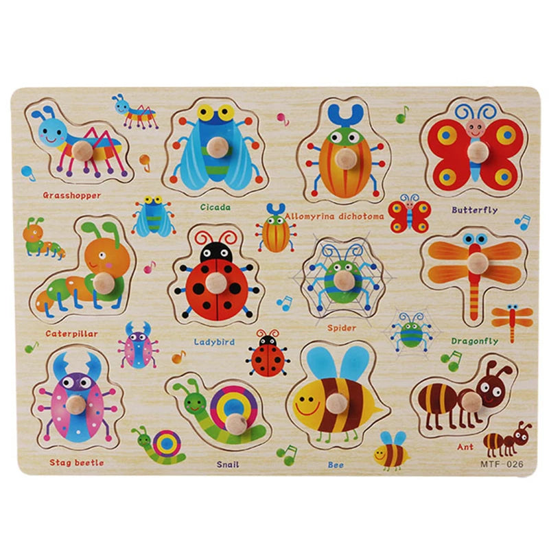 Montessori Wooden Puzzles Baby Educational Toys Hand Grab Boards Tangram Cartoon Animals Fruits 3D Puzzles for babies 2 3 years