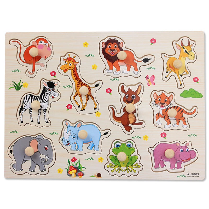 Montessori Wooden Puzzles Baby Educational Toys Hand Grab Boards Tangram Cartoon Animals Fruits 3D Puzzles for babies 2 3 years