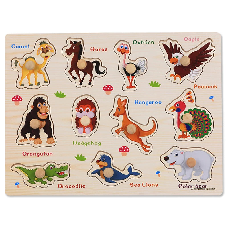 Montessori Wooden Puzzles Baby Educational Toys Hand Grab Boards Tangram Cartoon Animals Fruits 3D Puzzles for babies 2 3 years
