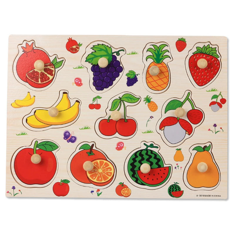 Montessori Wooden Puzzles Baby Educational Toys Hand Grab Boards Tangram Cartoon Animals Fruits 3D Puzzles for babies 2 3 years