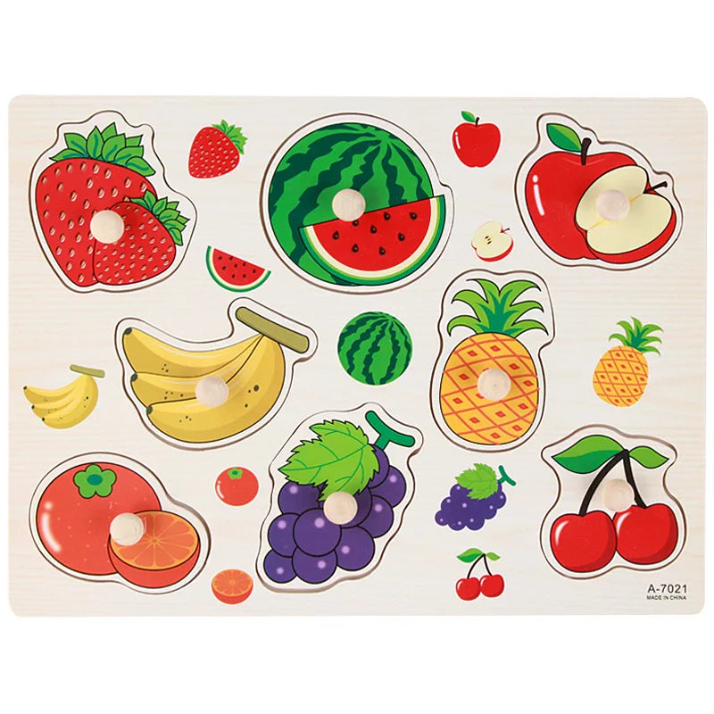 Montessori Wooden Puzzles Baby Educational Toys Hand Grab Boards Tangram Cartoon Animals Fruits 3D Puzzles for babies 2 3 years