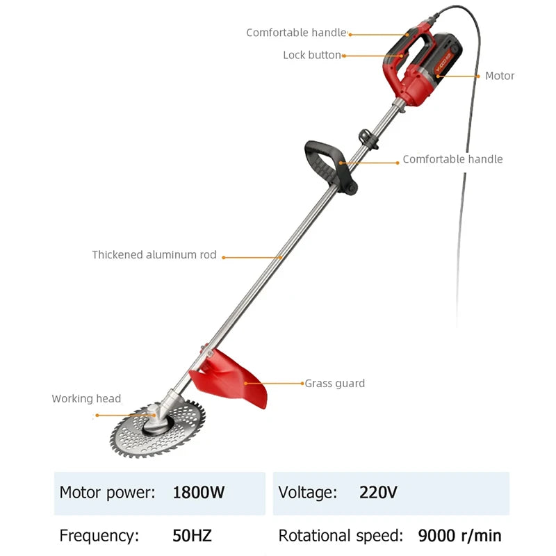 1800W High Power Electric Lawn Mower 220V Grass Trimmer with 10M Power Cord Multifunctional Garden Weeding Machine Pruning Tool