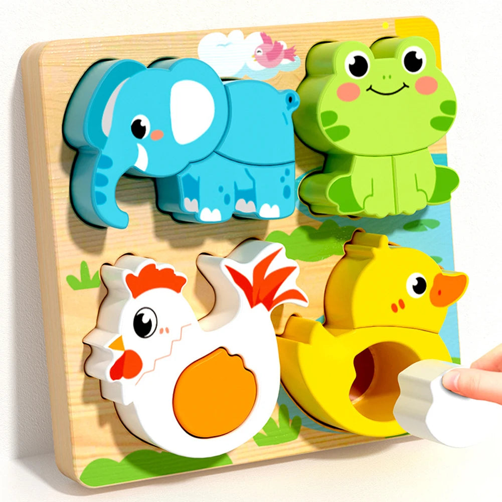 Montessori Wooden Puzzles Baby Educational Toys Hand Grab Boards Tangram Cartoon Animals Fruits 3D Puzzles for babies 2 3 years