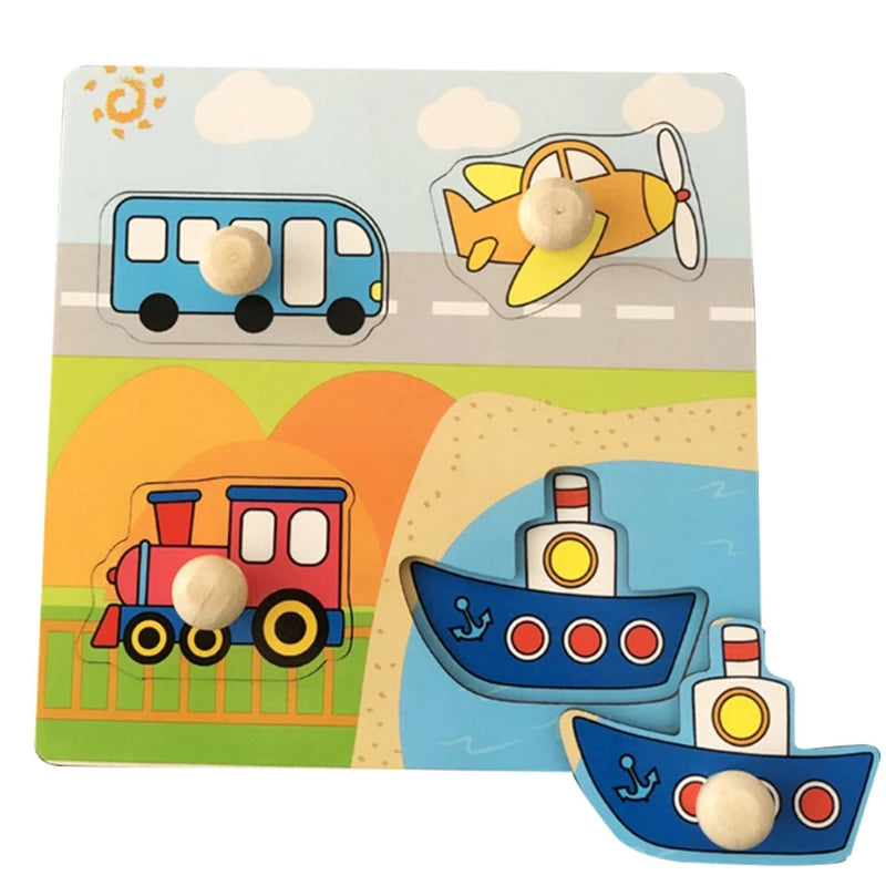 Montessori Wooden Puzzles Baby Educational Toys Hand Grab Boards Tangram Cartoon Animals Fruits 3D Puzzles for babies 2 3 years