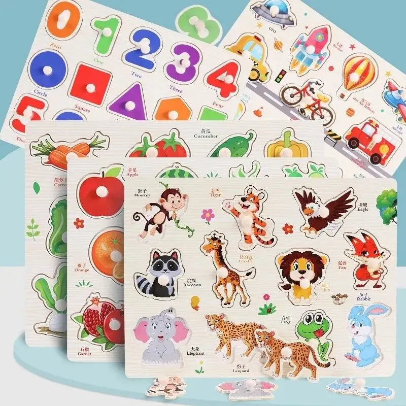 Montessori Wooden Puzzles Baby Educational Toys Hand Grab Boards Tangram Cartoon Animals Fruits 3D Puzzles for babies 2 3 years