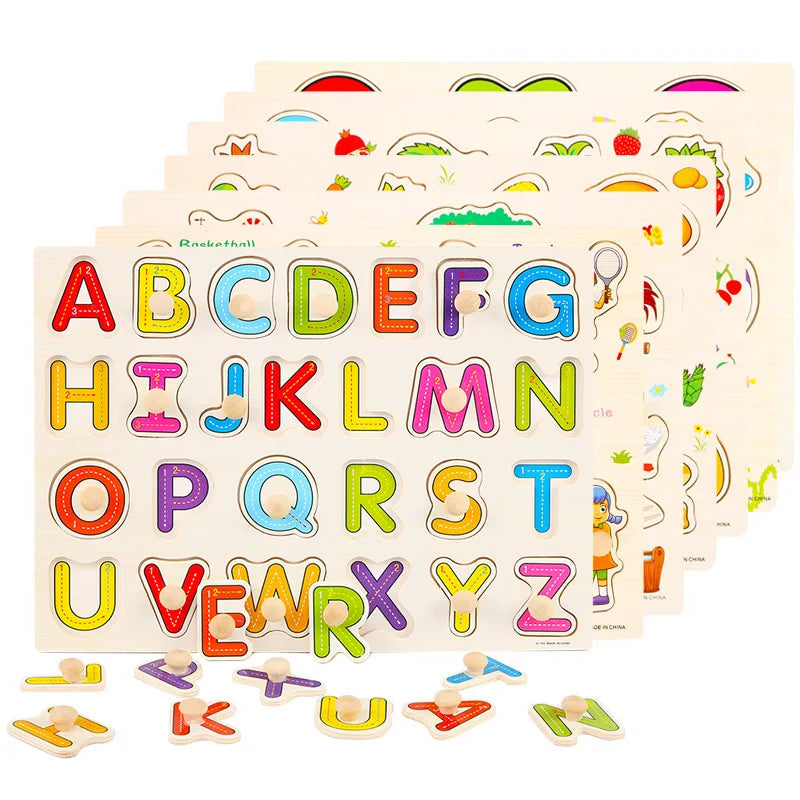 Montessori Wooden Puzzles Baby Educational Toys Hand Grab Boards Tangram Cartoon Animals Fruits 3D Puzzles for babies 2 3 years