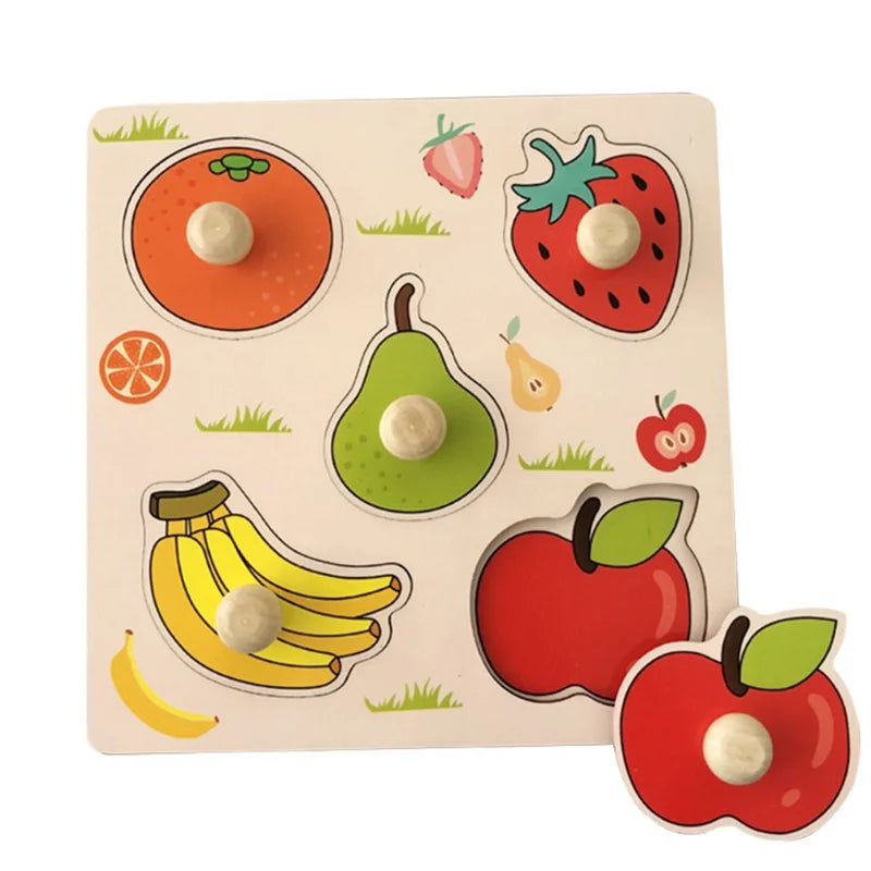 Montessori Wooden Puzzles Baby Educational Toys Hand Grab Boards Tangram Cartoon Animals Fruits 3D Puzzles for babies 2 3 years