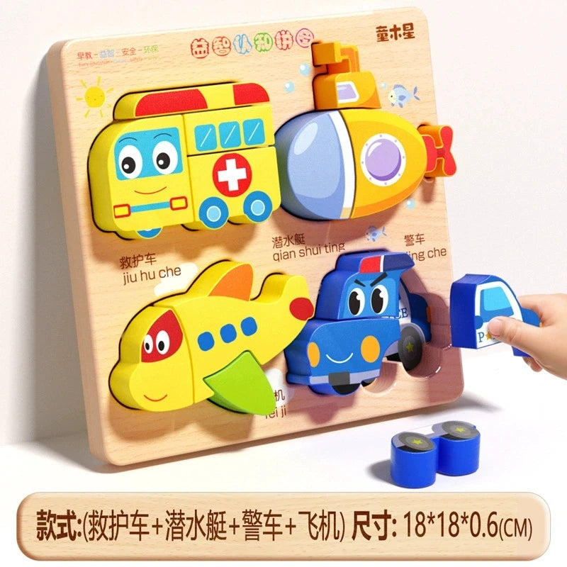 Montessori Wooden Puzzles Baby Educational Toys Hand Grab Boards Tangram Cartoon Animals Fruits 3D Puzzles for babies 2 3 years