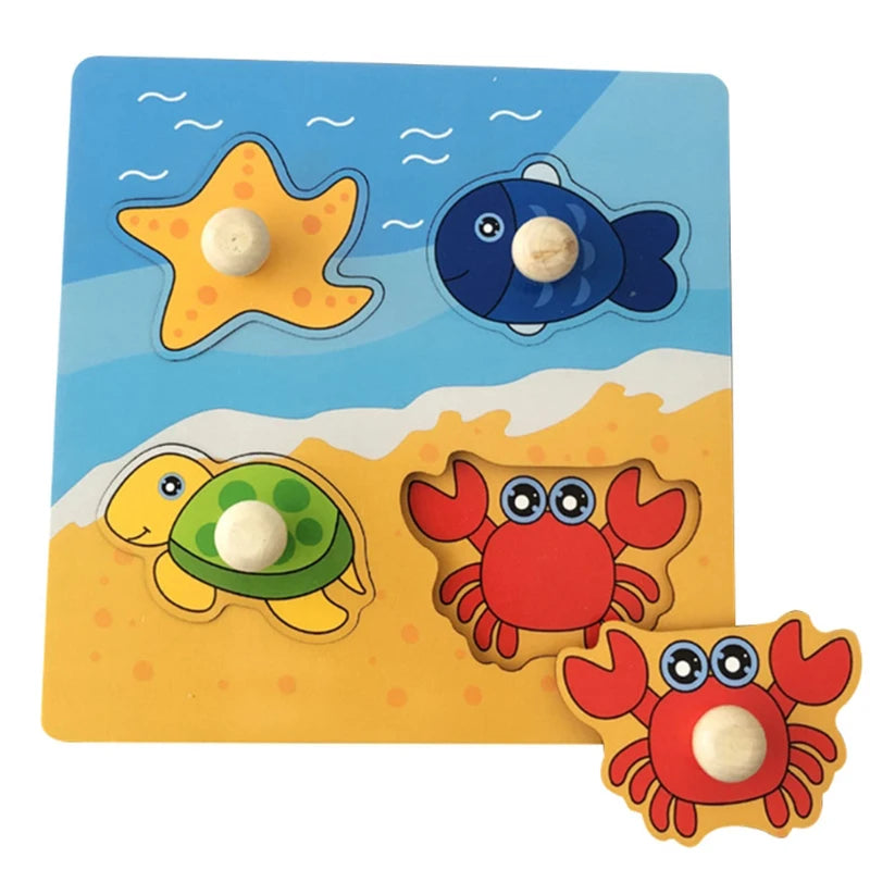 Montessori Wooden Puzzles Baby Educational Toys Hand Grab Boards Tangram Cartoon Animals Fruits 3D Puzzles for babies 2 3 years