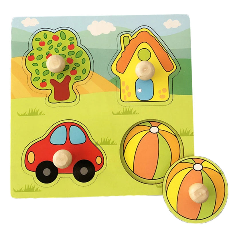 Montessori Wooden Puzzles Baby Educational Toys Hand Grab Boards Tangram Cartoon Animals Fruits 3D Puzzles for babies 2 3 years