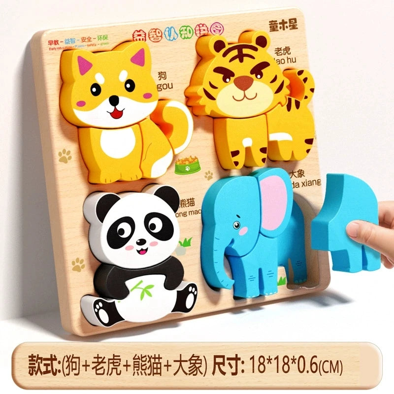 Montessori Wooden Puzzles Baby Educational Toys Hand Grab Boards Tangram Cartoon Animals Fruits 3D Puzzles for babies 2 3 years