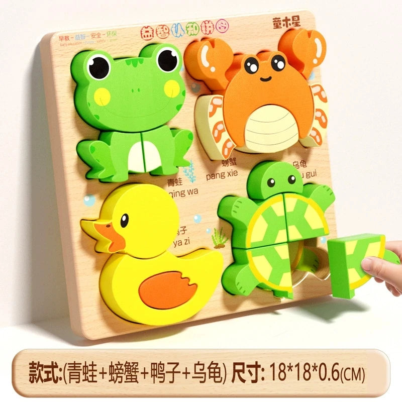 Montessori Wooden Puzzles Baby Educational Toys Hand Grab Boards Tangram Cartoon Animals Fruits 3D Puzzles for babies 2 3 years