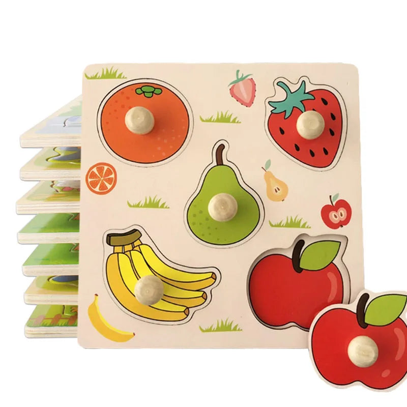 Montessori Wooden Puzzles Baby Educational Toys Hand Grab Boards Tangram Cartoon Animals Fruits 3D Puzzles for babies 2 3 years