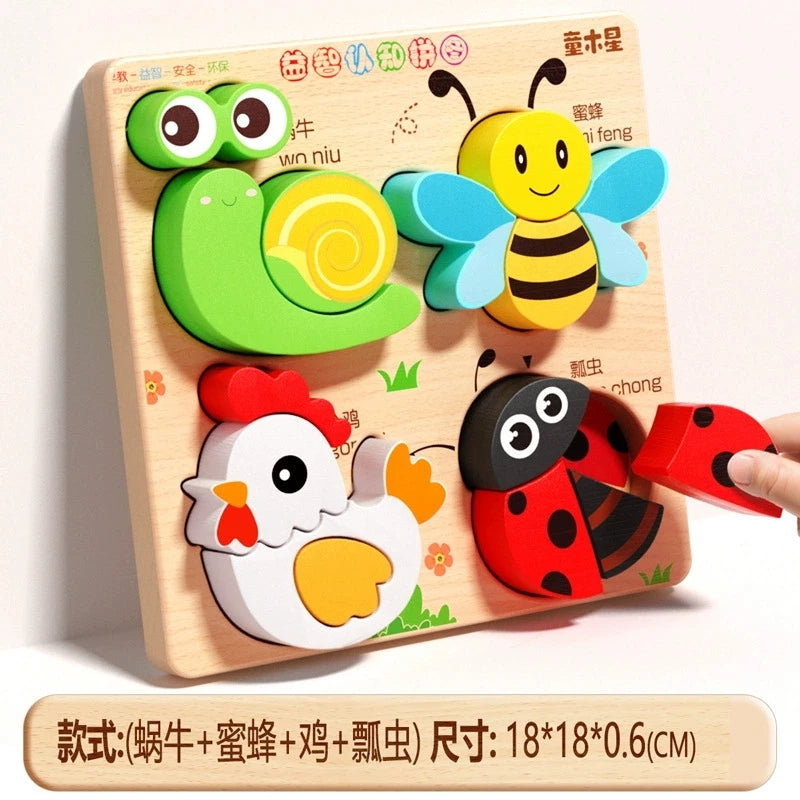 Montessori Wooden Puzzles Baby Educational Toys Hand Grab Boards Tangram Cartoon Animals Fruits 3D Puzzles for babies 2 3 years
