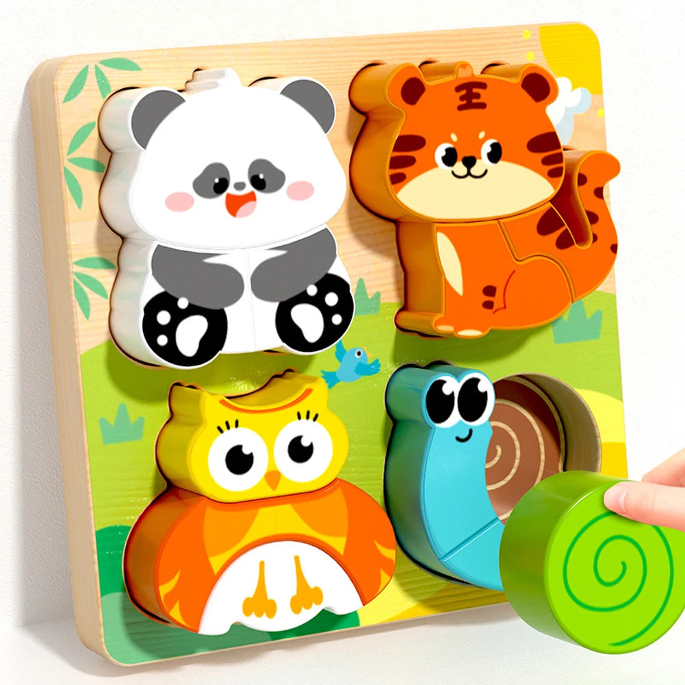 Montessori Wooden Puzzles Baby Educational Toys Hand Grab Boards Tangram Cartoon Animals Fruits 3D Puzzles for babies 2 3 years